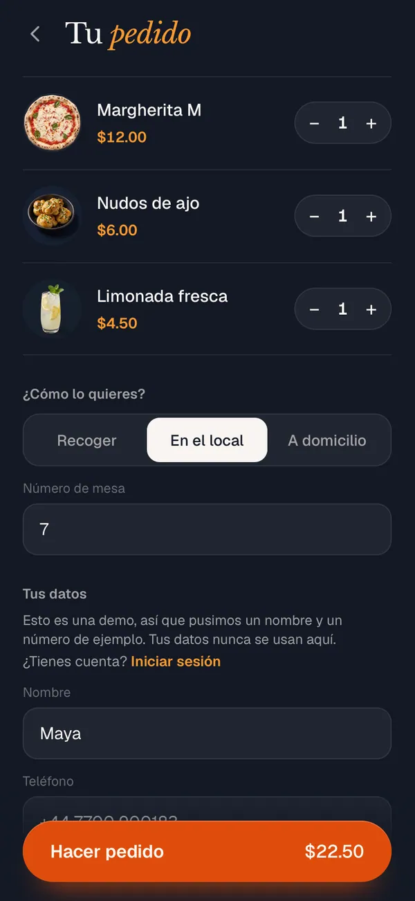 La pantalla del pedido con comer en la mesa 7 ya elegido