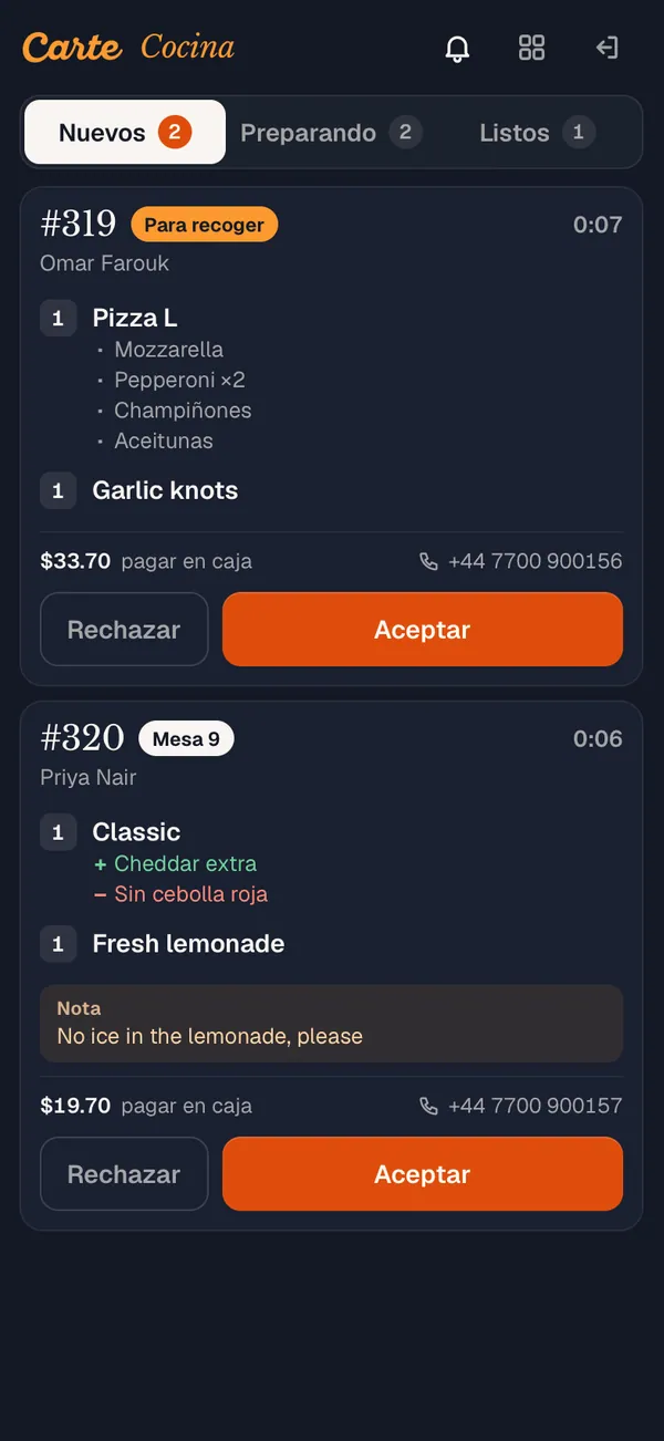 La pantalla de cocina con pedidos nuevos, en preparación y listos