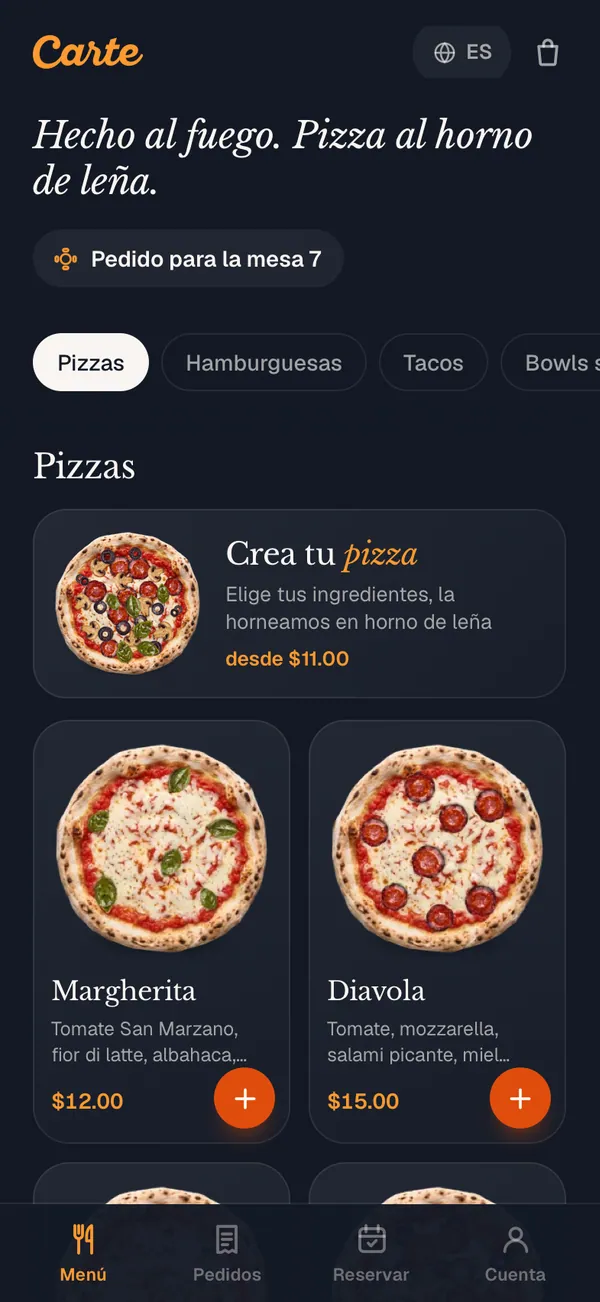 El menú del restaurante de demo en un teléfono, abierto desde el código QR de la mesa 7