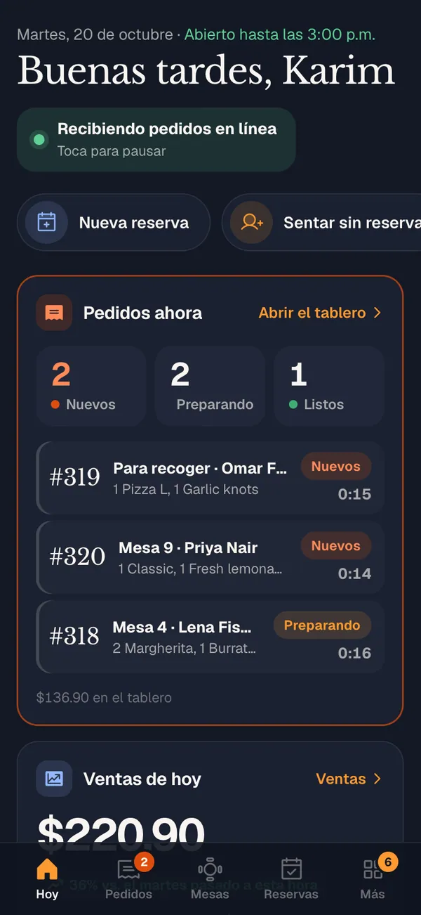 La pantalla Hoy de la app del equipo: pedidos, mesas, llegadas y caja