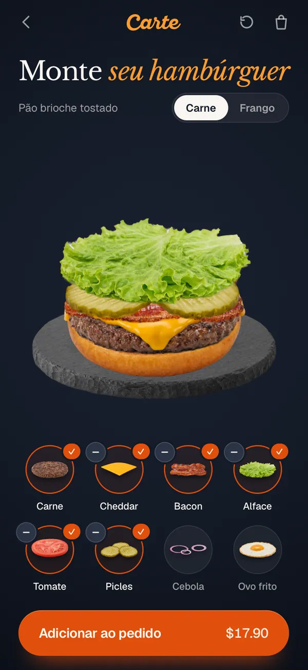 O app do restaurante de demonstração num celular, com um hambúrguer sendo montado