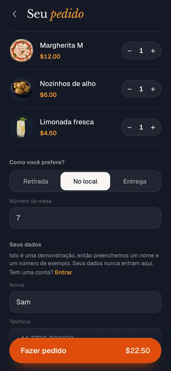 A tela do pedido com comer na mesa 7 já escolhido