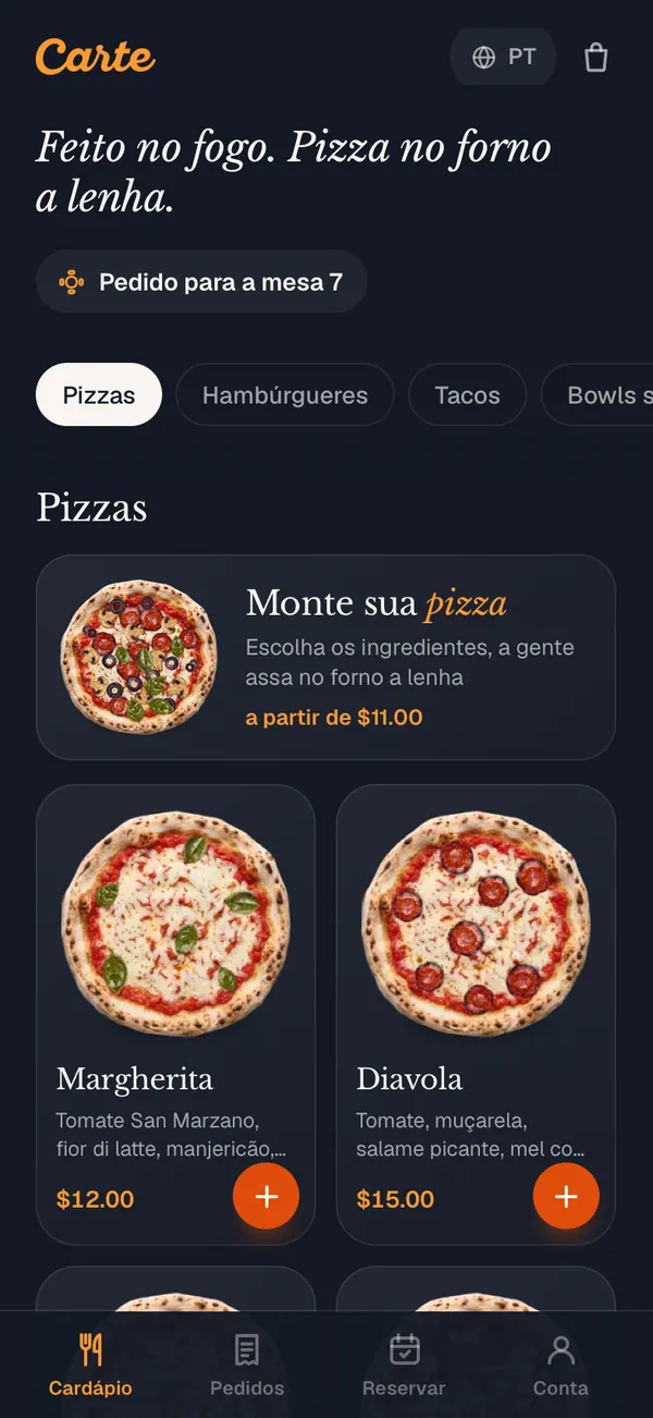 O cardápio do restaurante de demonstração num celular, aberto pelo QR code da mesa 7