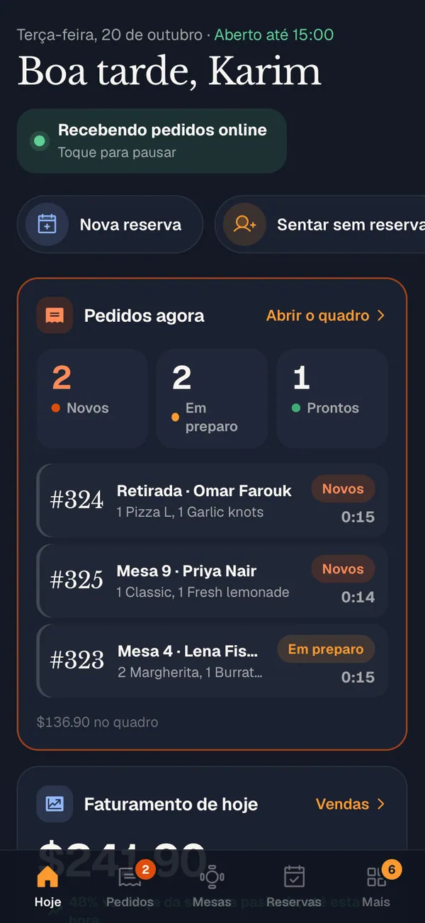 A tela Hoje do app da equipe: pedidos, mesas, chegadas e caixa