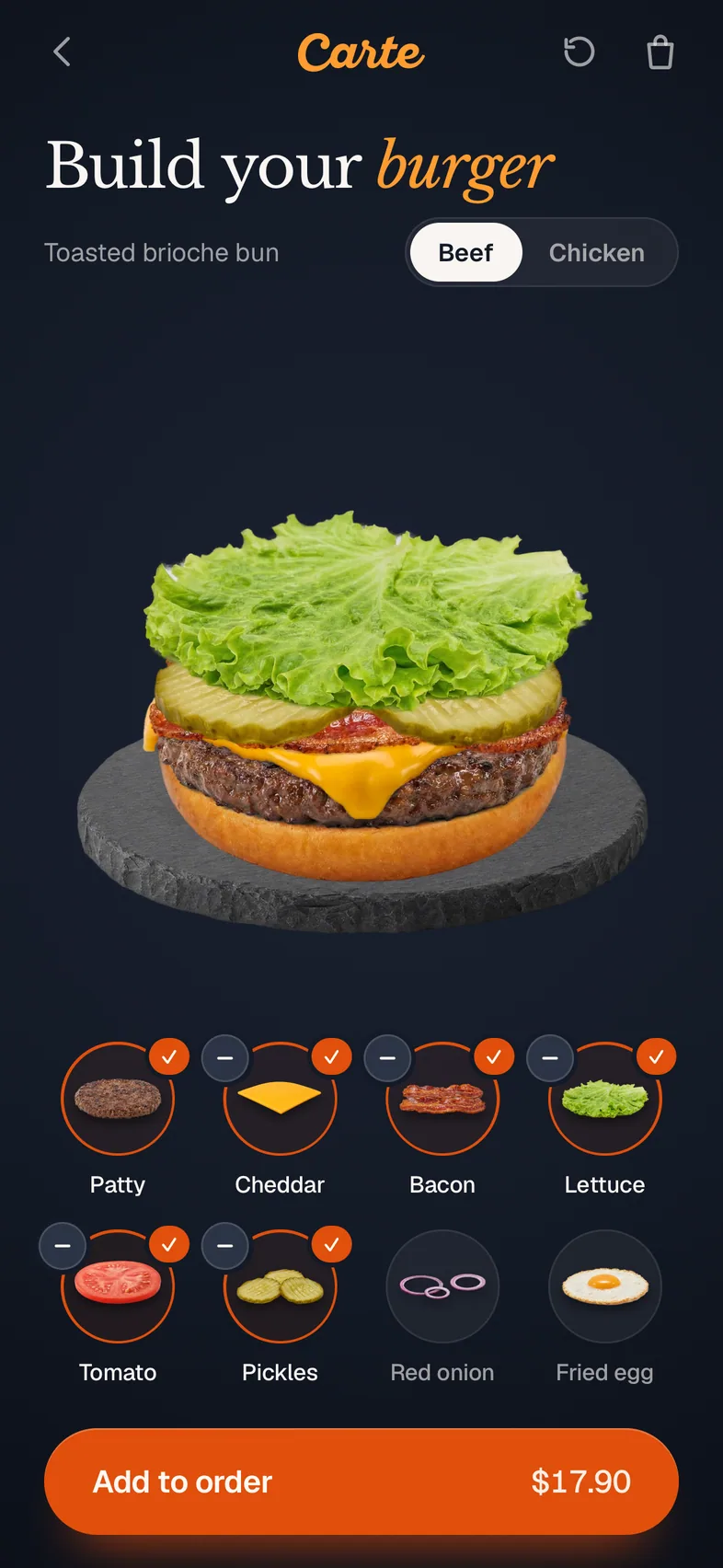 The guest app: a burger being built